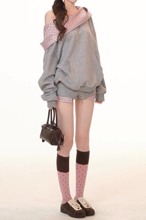 Cute Plaid PatchworkOff-the-shoulder Oversized Two Piece Set