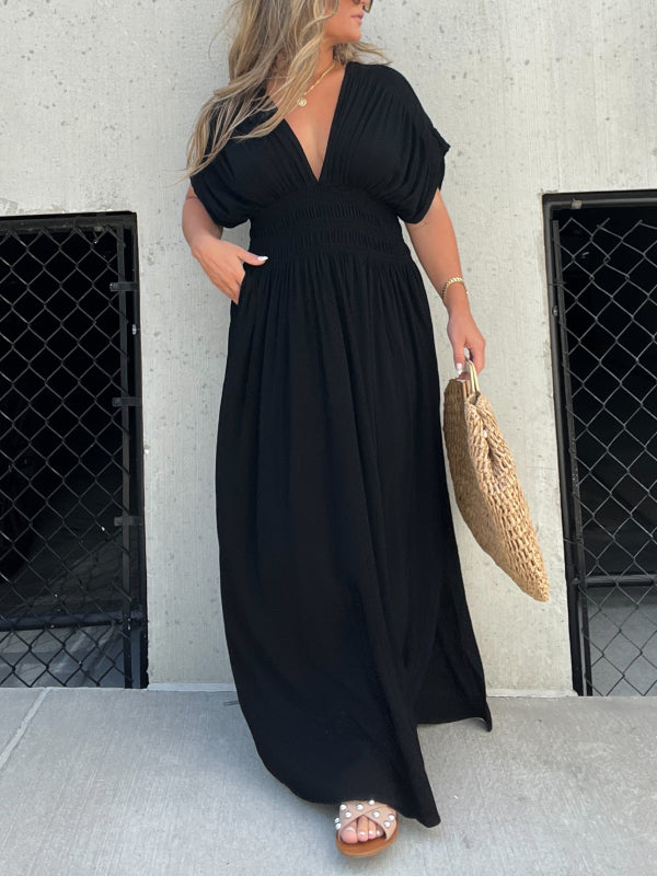 Deep V-Neck Flutter Sleeve Smocked Waist Pocket Side Slit Maxi Dress