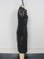 Mesh Patchwork V-Neck Faux Leather Slim Fit Puff Sleeve Midi Dress In Black For Women 2026