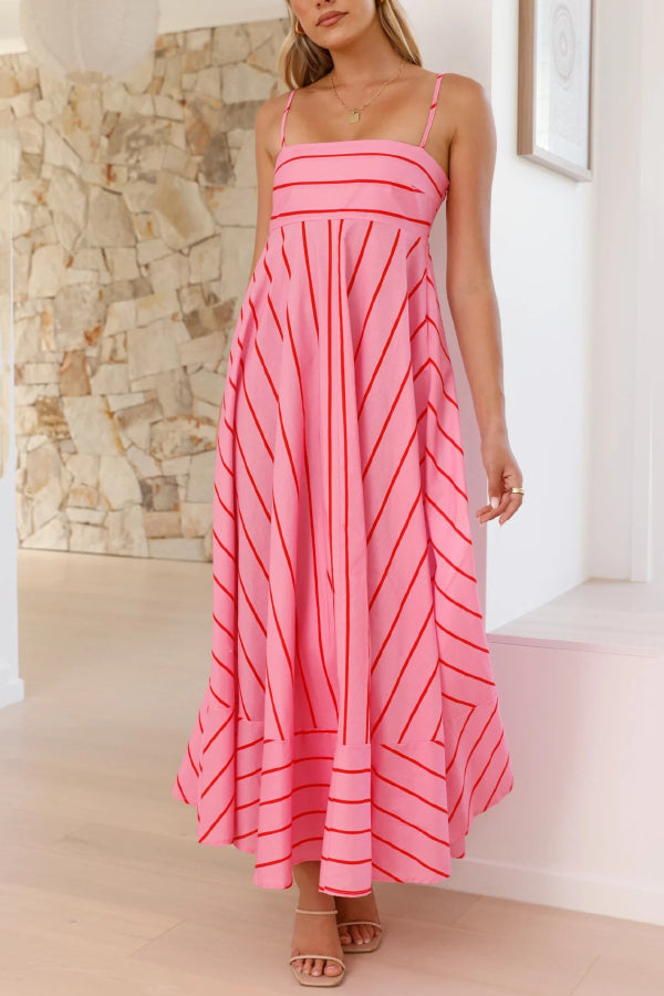 Striped Printed Spaghetti Strap Sleeveless Back Pleated Casual Maxi Dress