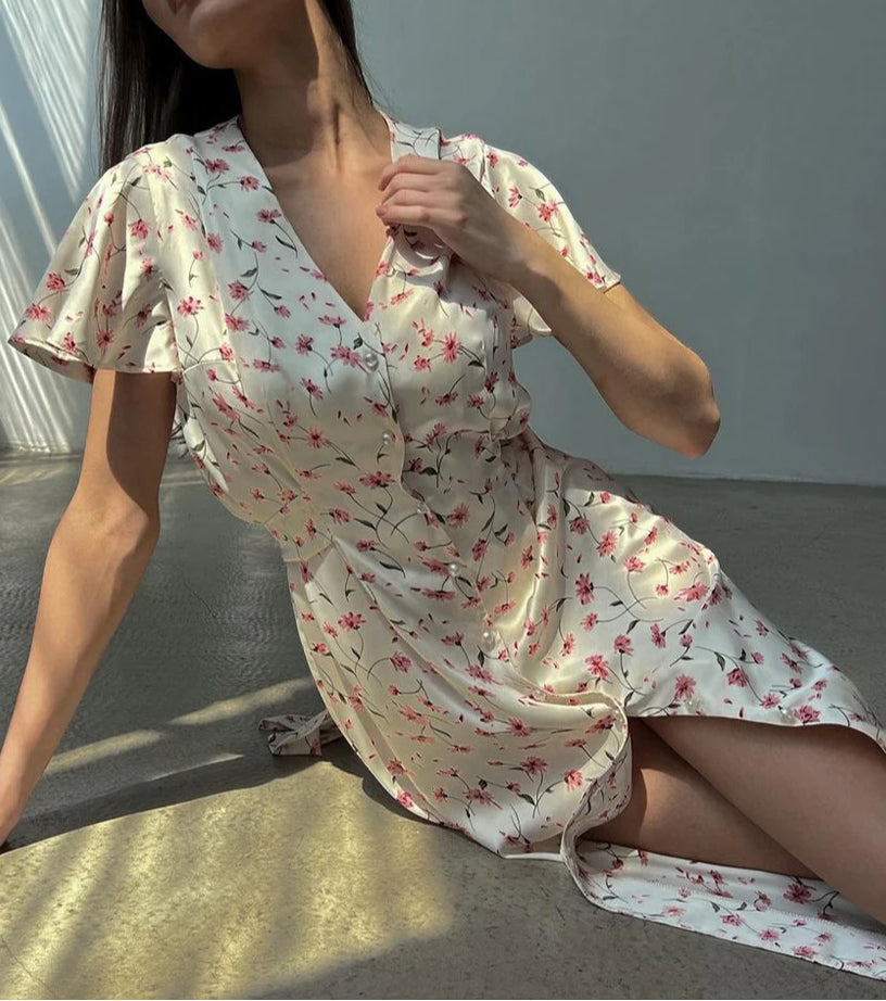 V-Neck Button Front Flutter Sleeve High Slit Floral Midi Dress