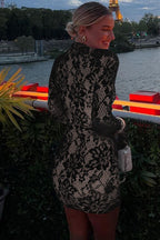 Lace Mock Neck Keyhole Cut Out Bell Sleeve Bodycon Mini Dress