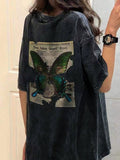 Washed Distressed Butterfly Print Oversized Short Sleeve Tee