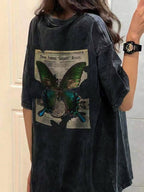 Washed Distressed Butterfly Print Oversized Short Sleeve Tee