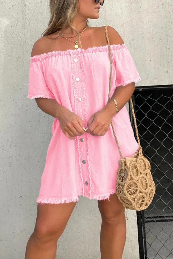 Off Shoulder Denim Button Front Frayed Trim Shift Mini Dress
