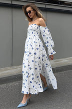 Floral Print Off Shoulder Smocked Puff Sleeve High Split Maxi Dress