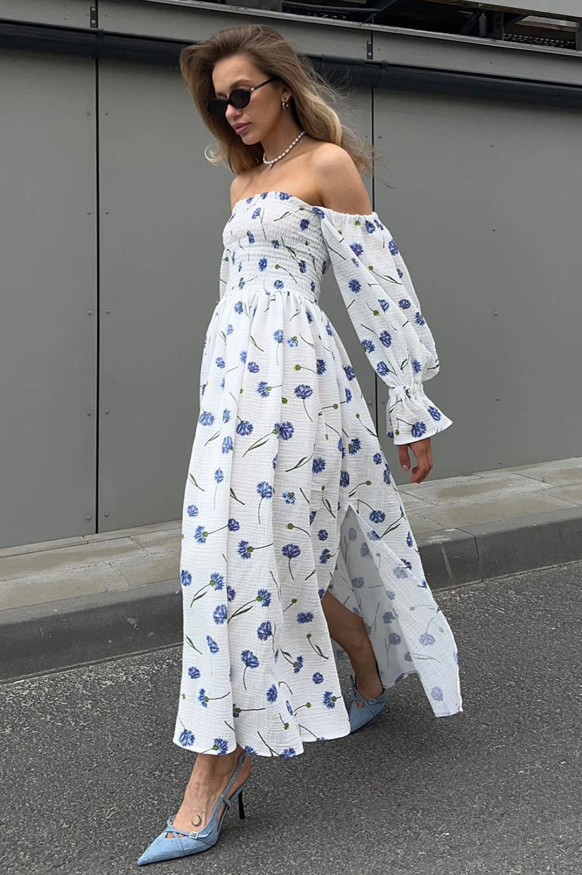 Floral Print Off Shoulder Smocked Puff Sleeve High Split Maxi Dress