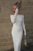 Lace Off Shoulder Long Sleeve Fold Over Panel Column Maxi Gown