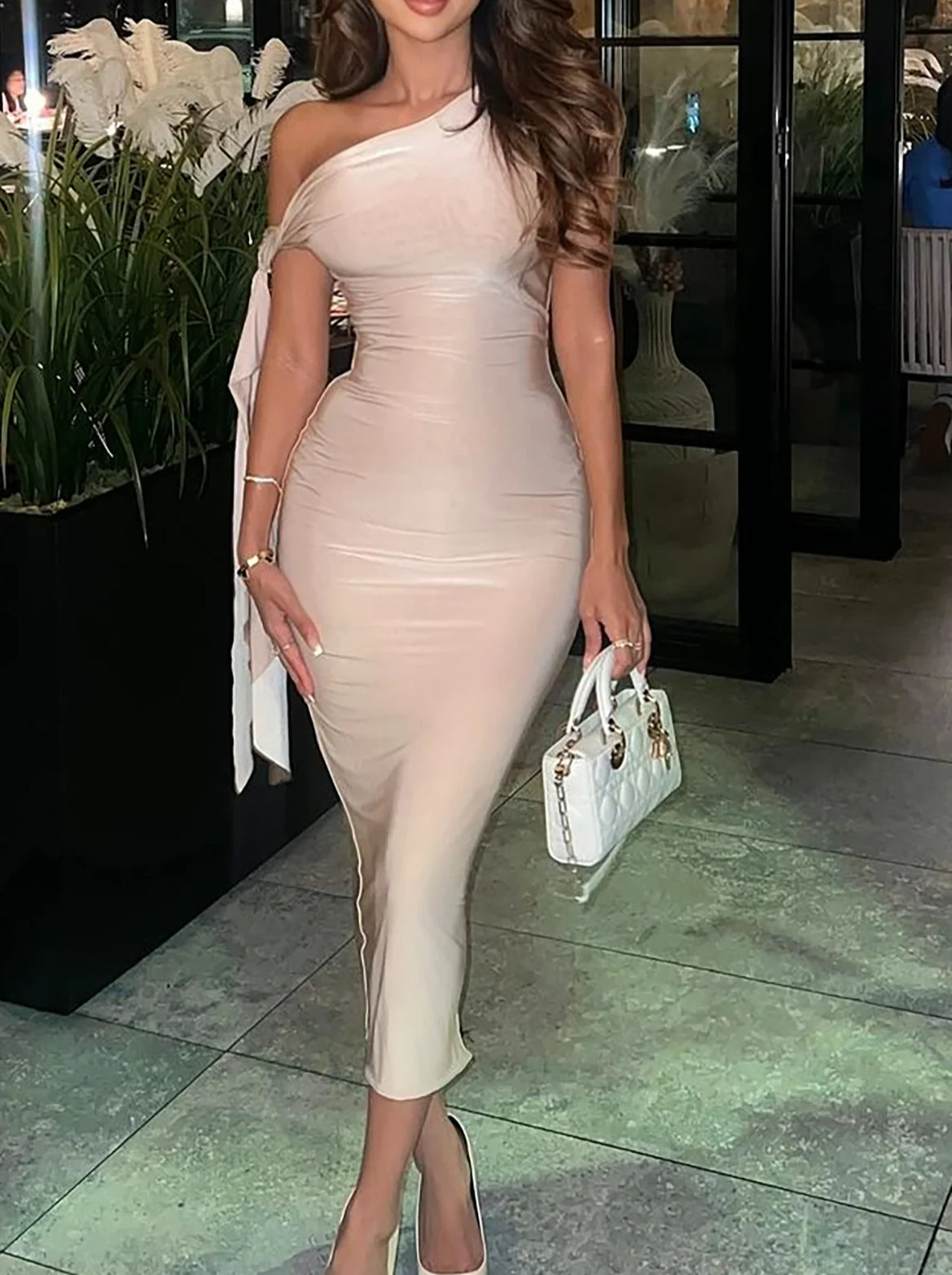 One Shoulder Draped Sash Ruched Bodice Bodycon Maxi Dress