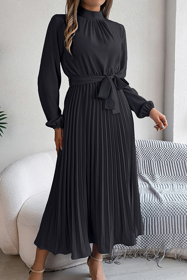 Mock Neck Lantern Sleeve Belted Pleated A-Line Midi Dress