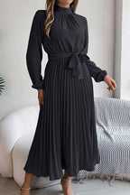 Mock Neck Lantern Sleeve Belted Pleated A-Line Midi Dress