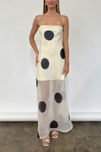 Polka Dot Strapless Sheer Overlay Bodycon Maxi Dress