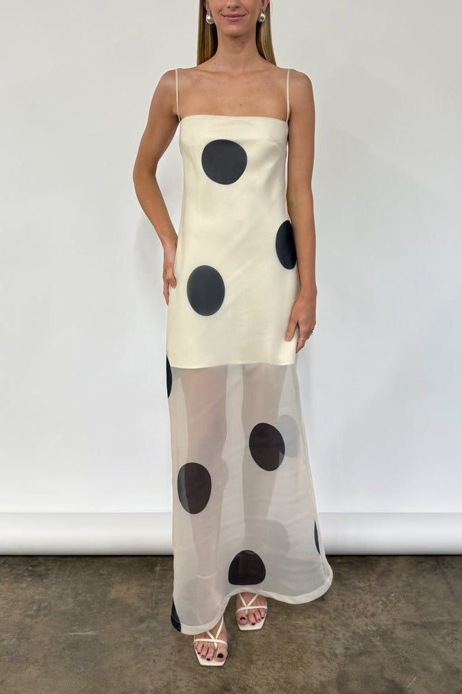 Polka Dot Strapless Sheer Overlay Bodycon Maxi Dress