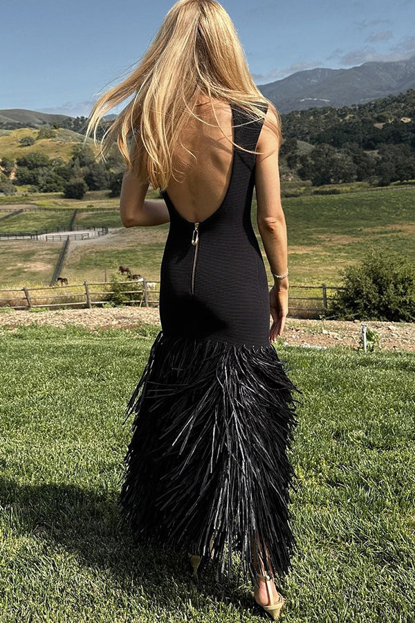 Sleeveless Crew Neck Tiered Fringed Hem Maxi Dress