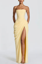 Cyra Back Lace-up Asymmetrical Pleats Strapless Slit Maxi Dress