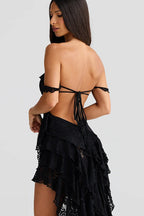 Lace Ruffled Tier High-Low Hem Tie Front Maxi Dress