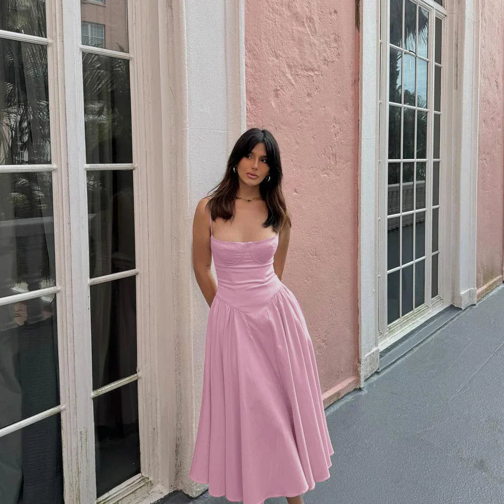 Spaghetti Strap Bustier A-Line Midi Dress