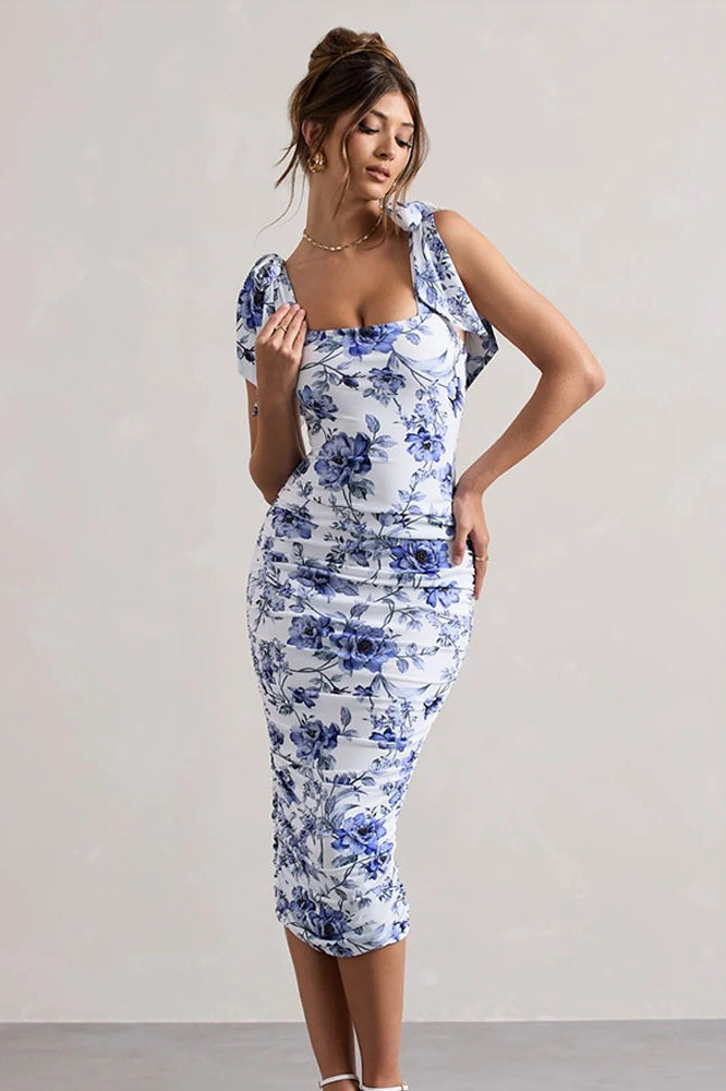 Square Neck Bow Strap Ruched Floral Toile Bodycon Midi Dress