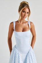 Plaid Printed Ruched Backless Spaghetti Strap Prom Dress