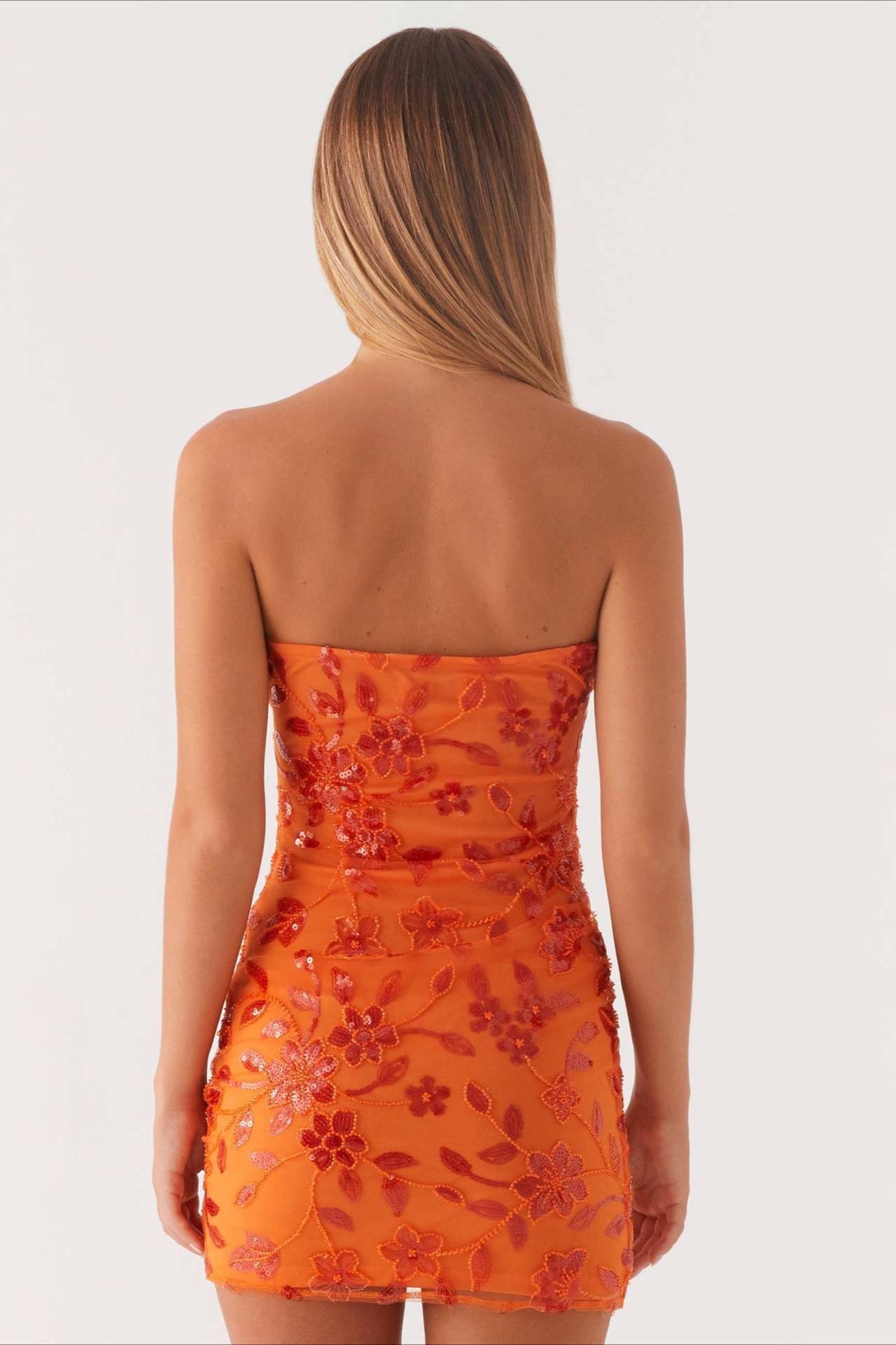 Strapless Sequin Floral Embroidered Mesh Bodycon Mini Dress