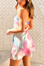 Strapless Foldover Neck Abstract Floral Print Satin Mini Dress