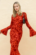 Velvet Burnout Floral Bell Sleeve Crew Neck Bodycon Maxi Dress