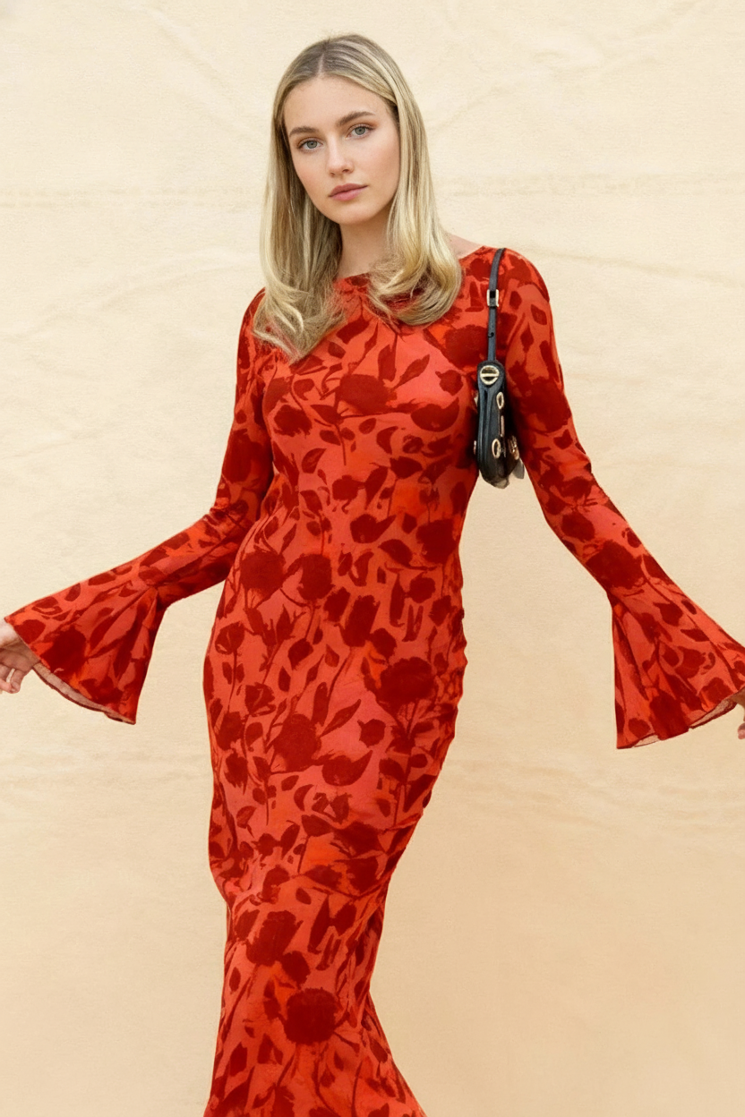 Velvet Burnout Floral Bell Sleeve Crew Neck Bodycon Maxi Dress