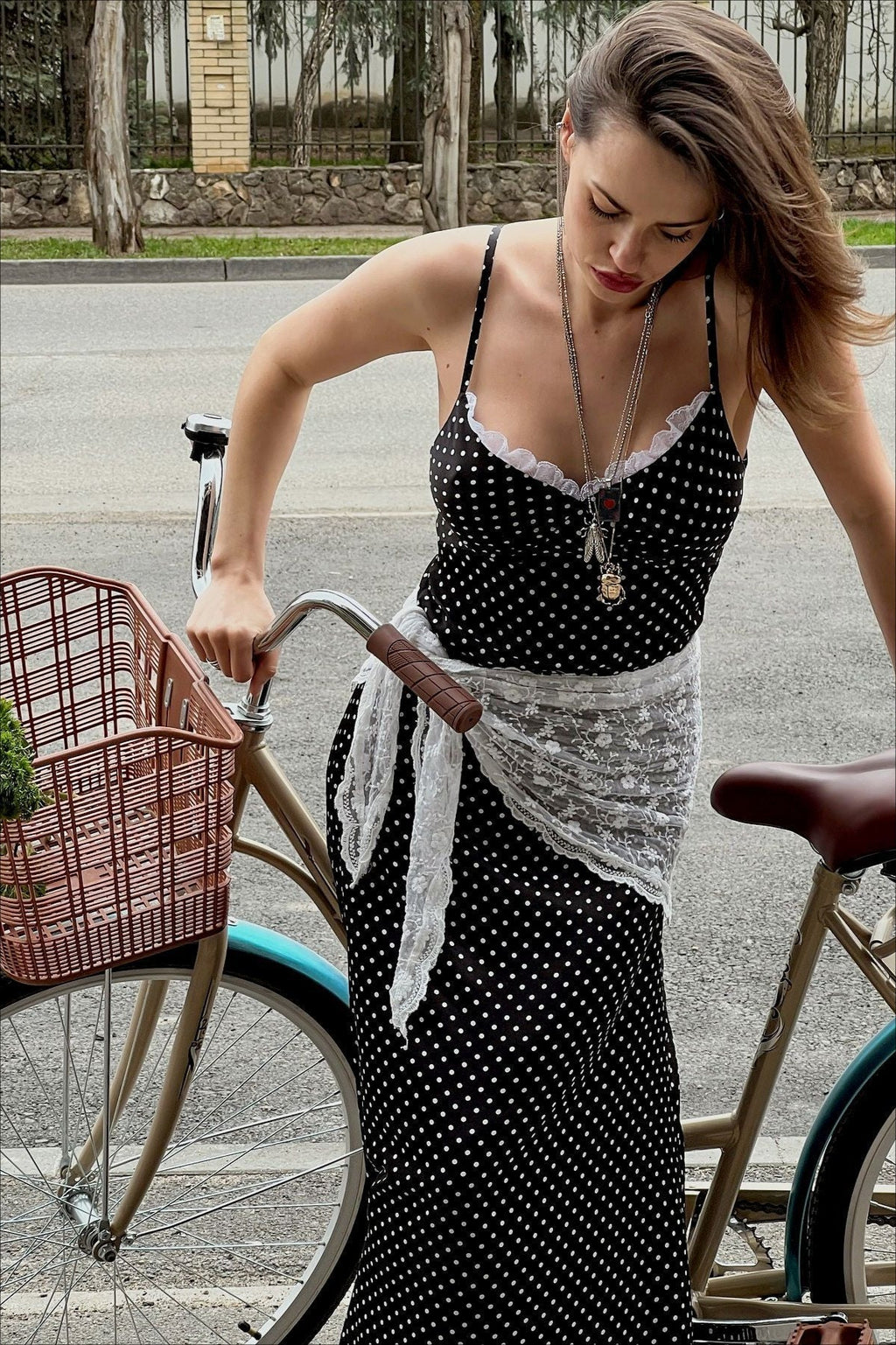Polka Dot Lace Trim Scoop Neck Spaghetti Strap Bodycon Maxi Dress