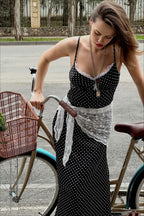 Black Polka Dot Lace Trim Cami Maxi With Side Slit Dress
