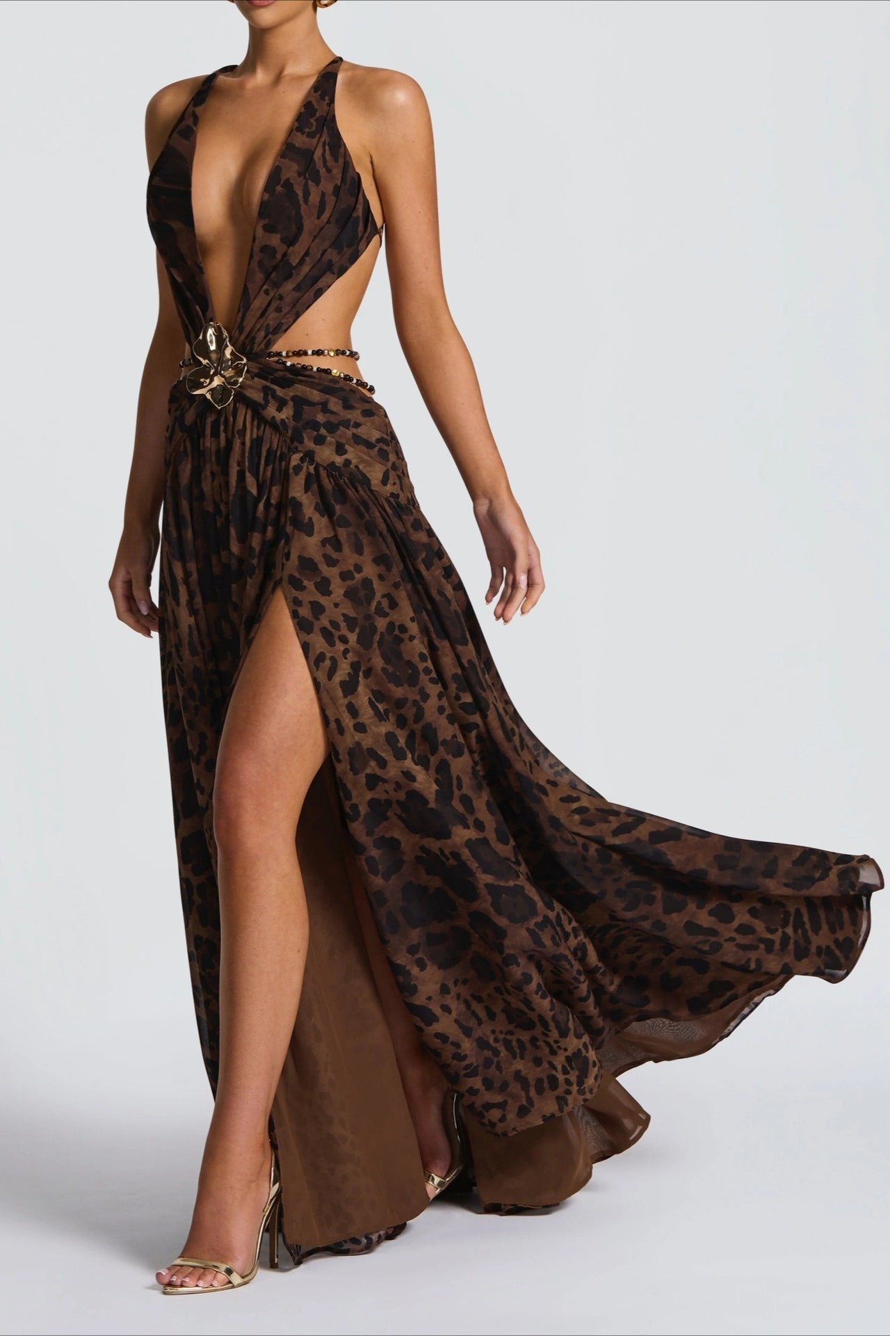 Plunging V Neck Halter Cut Out Waist Buckle High Slit Maxi Dress