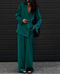 Green Satin High Waist Trousers Office Two Piece Set