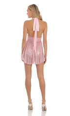 Womens Mini Dresses | Sequin Halter Dress in Pink