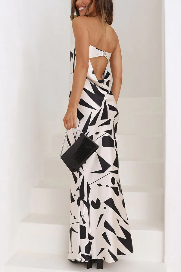 Strapless Geometric Print Satin Column Maxi Dress