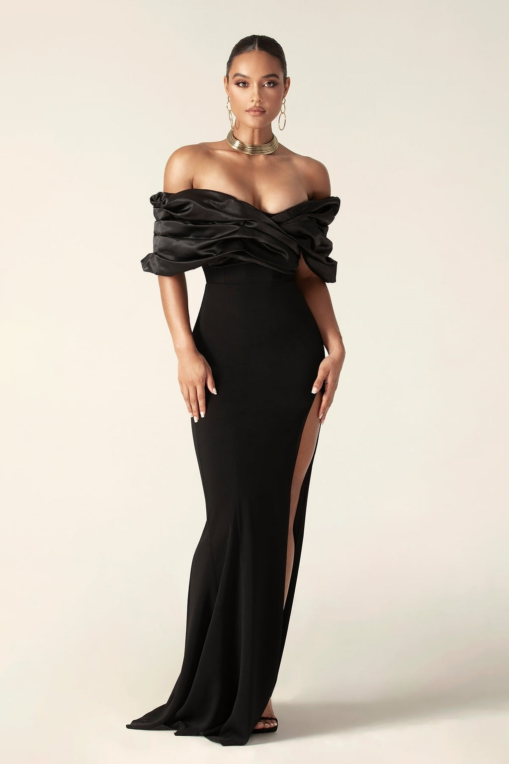 Off Shoulder Draped Satin Bodice High Split Column Maxi Gown