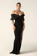 Off Shoulder Draped Satin Bodice High Split Column Maxi Gown