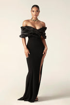 Off Shoulder Draped Satin Bodice High Split Column Maxi Gown