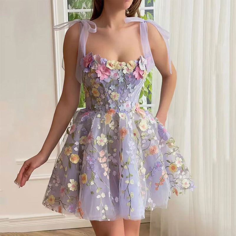 3D Floral Applique Tie Shoulder Tulle Corset A-Line Mini Dress