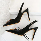 Metal Square Buckle High Heel Stiletto Pumps for Women, Pointed Toe Sexy Party Shoes