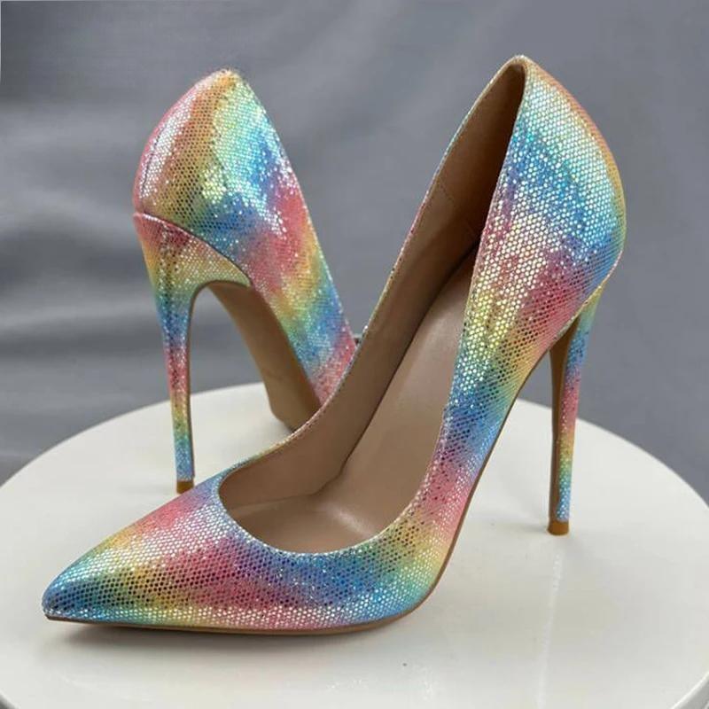 Colorful Rainbow Stiletto Pumps Women Sexy Pointed Toe 12cm High Heels