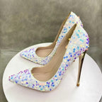 White Pointy Toe High Heel Shoes with Bling Sequins for Women