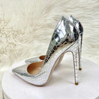Silver Crocodile Effect Pointy Toe High Heel Party Shoes for Women