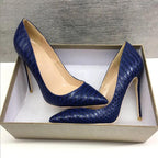 Navy Blue Croc-Effect Pointed Toe High Heel Shoes for Women