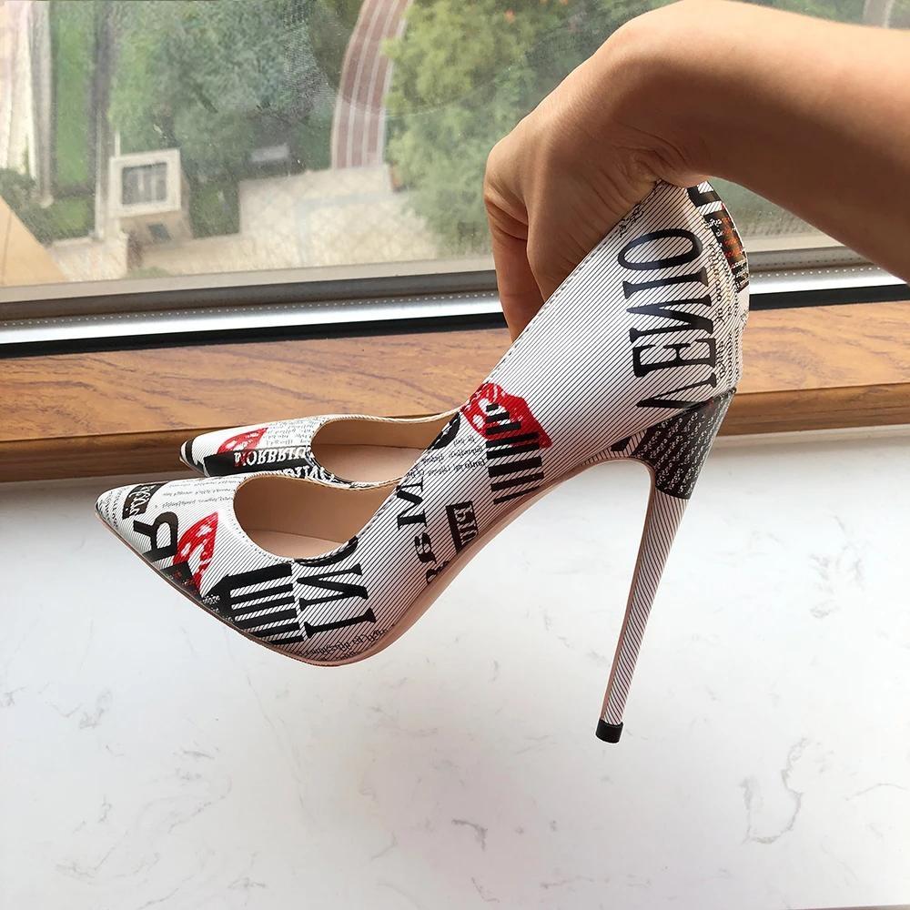 White Pointy Toe High Heel Dress Shoes with Graphic Print for Women