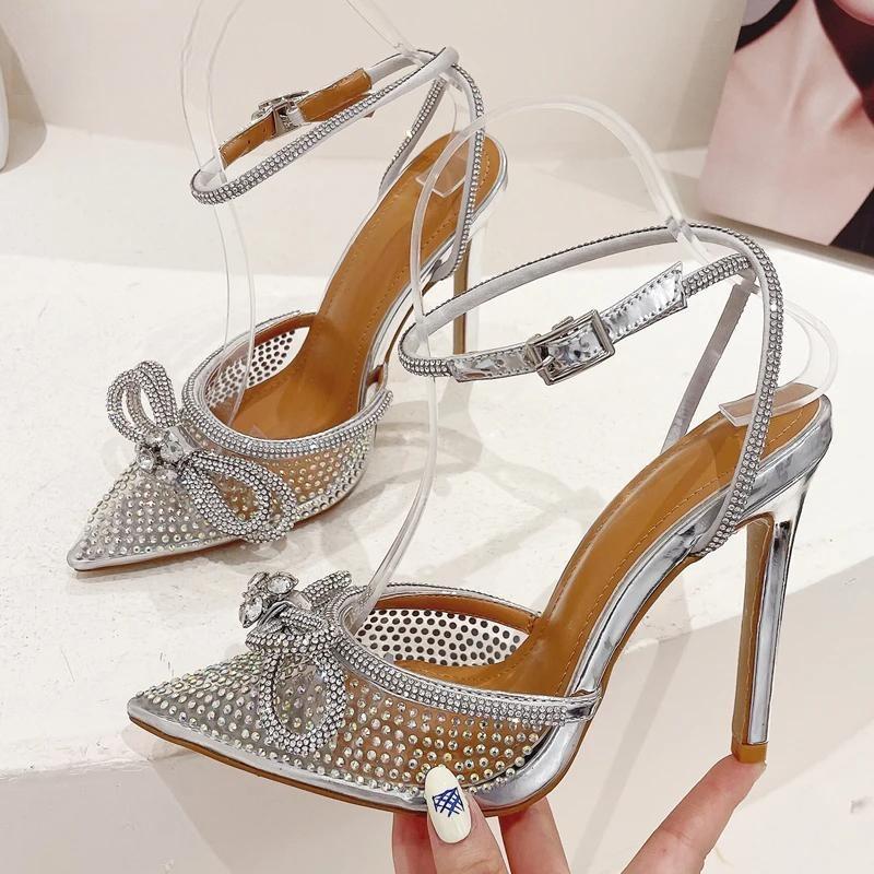 Transparent Silver Crystal Women Pumps with Ankle Strap and Thin High Heels