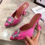 Red Silk Satin Pointed Toe Pumps with Rhinestone Crystal Wedding Slip On Strange Style Heel