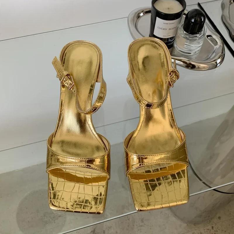 Gold Silver Women Slipper with Square Toe Low Heels Sandal