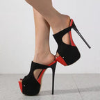 Summer Black Thin Heels Platform Slippers for Women with Hollow Out Design
