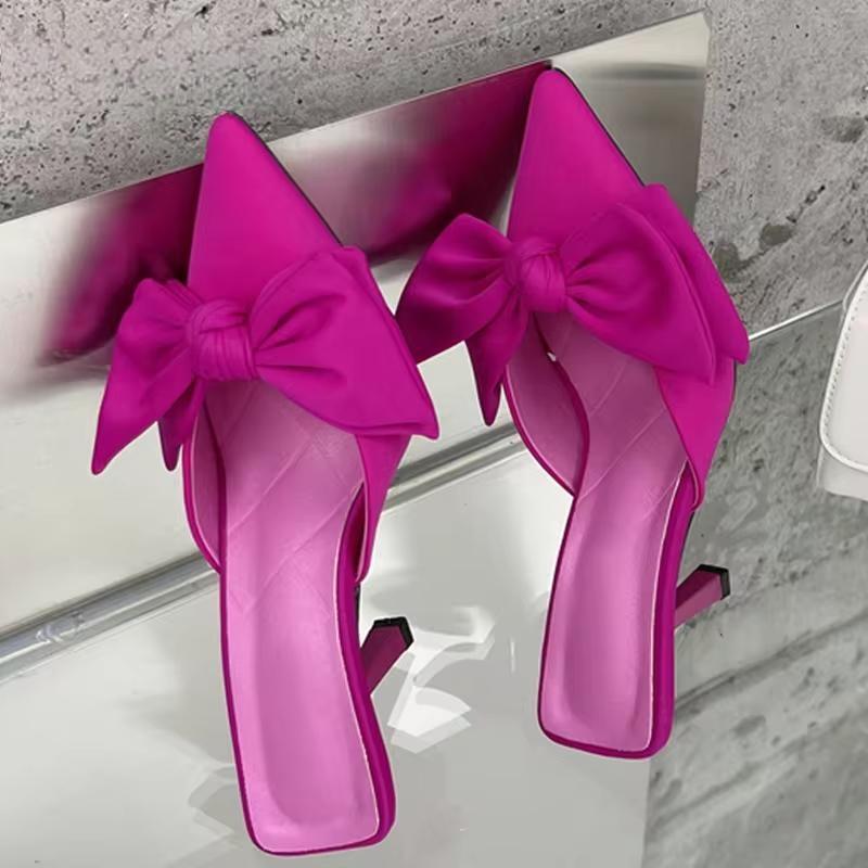 Autumn Big Butterfly-knot Women Slippers Sandals Pointed Toe Mules Stripper High Heel