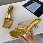 Summer Gold Slipper Low Heel Slides Peep Toe Sandal with Square Heel