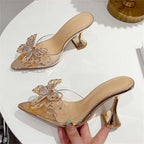 Crystal Bowknot Women Slippers with Sexy Pointed Toe and Strange Heels